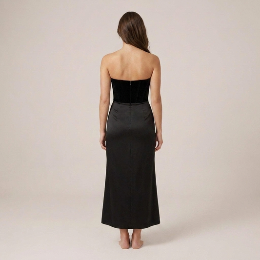 PLUXSTYLE::numise::strapless-corset-maxi-dress::back