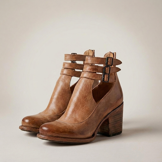 PLUXSTYLE::numise::strappy-block-heel-ankle-boots::closeup-detail
