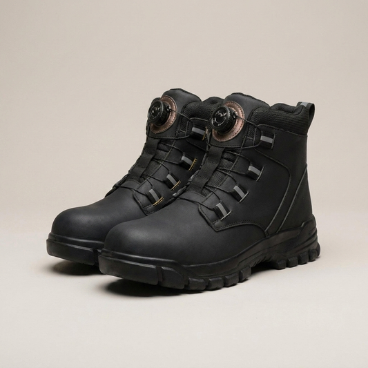 PLUXSTYLE::numise::mens-quick-lock-steel-toe-work-boots::closeup-detail