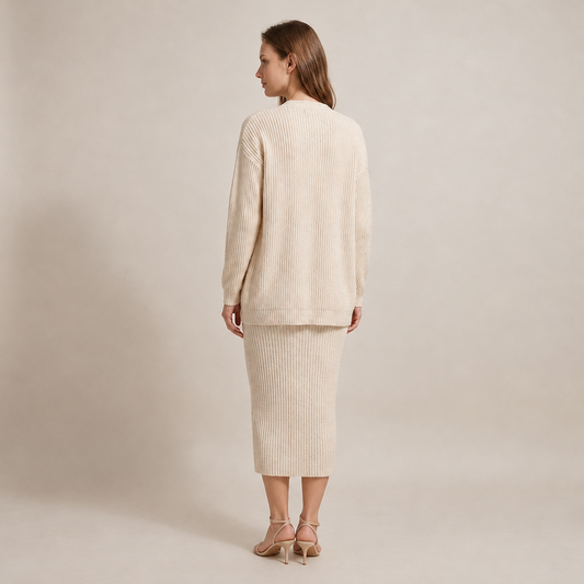 PLUXSTYLE::numise::slim-fit-cardigan-dress-set::back