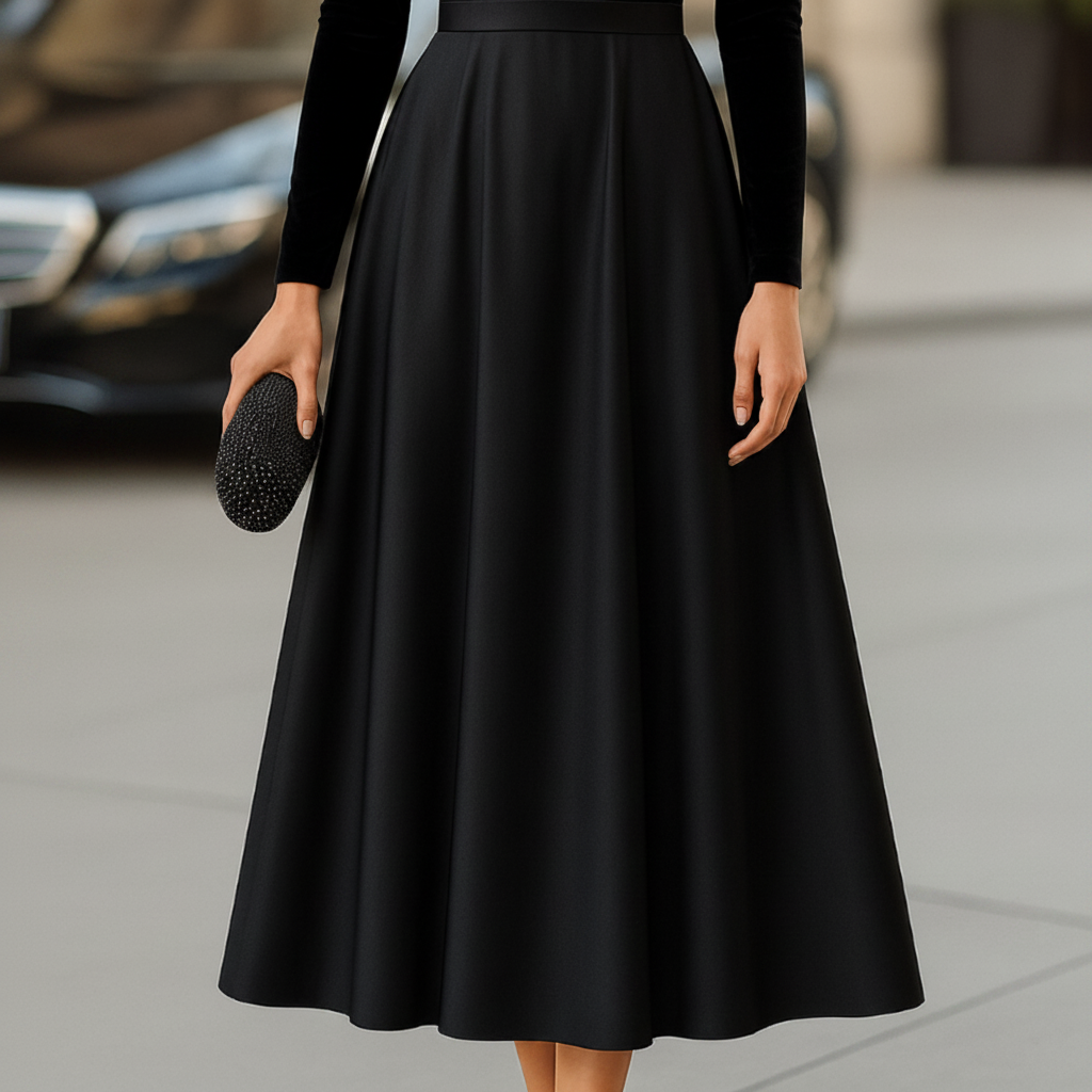 PLUXSTYLE::numise::ava-black-fit-and-flare-midi-dress::lifestyle-keep-2