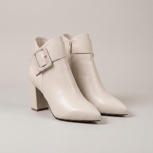 PLUXSTYLE::numise::buckle-side-zip-ankle-boots::closeup-detail