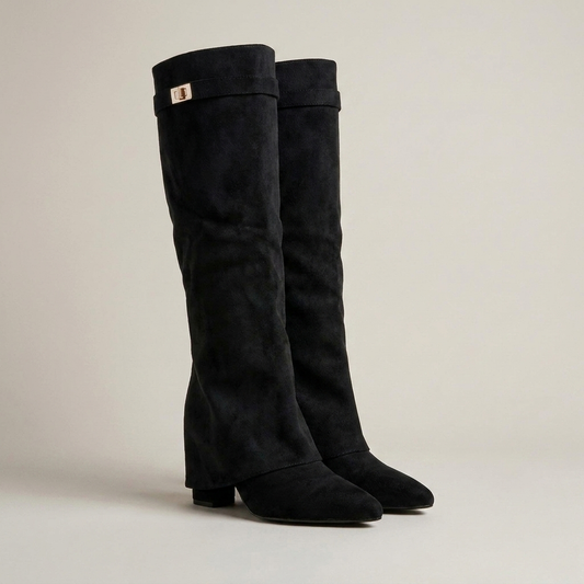 PLUXSTYLE::numise::pointed-toe-tall-boots::closeup-detail