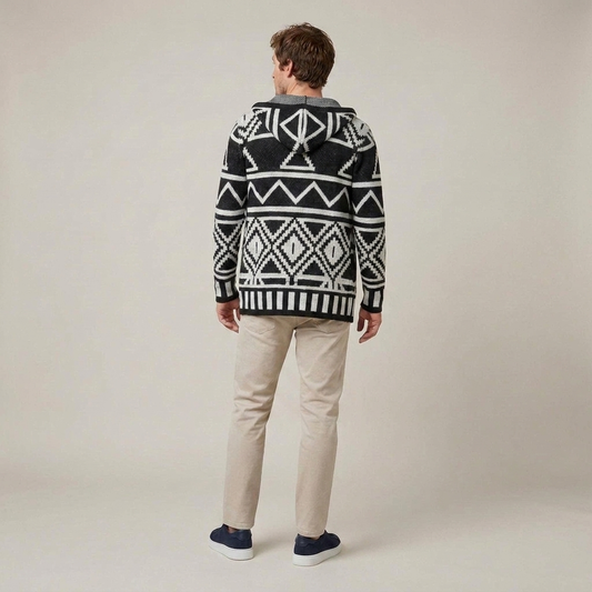 PLUXSTYLE::numise::adam-geometric-hooded-cardigan::back