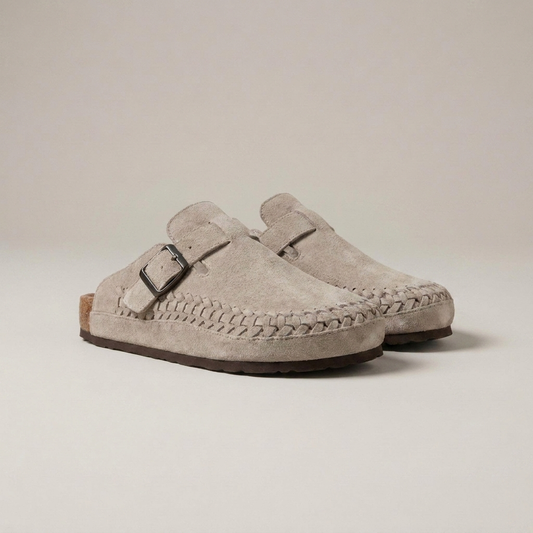 PLUXSTYLE::numise::aurelio-woven-clogs-in-beige::closeup-detail