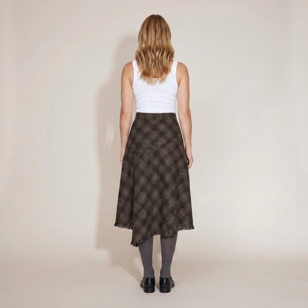 PLUXSTYLE::numise::annie-asymmetric-plaid-fringe-skirt::back
