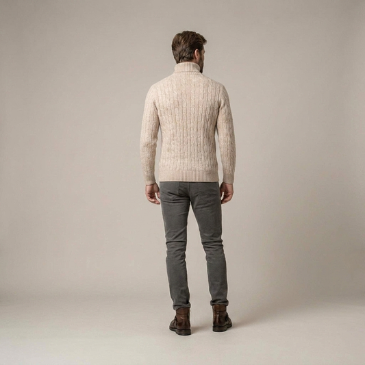 PLUXSTYLE::numise::mens-cable-turtleneck-sweater::back