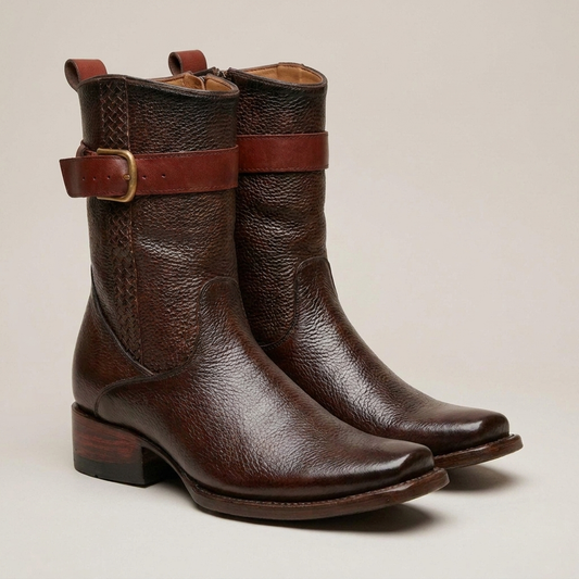 PLUXSTYLE::numise::mens-polished-dark-brown-boots::closeup-detail