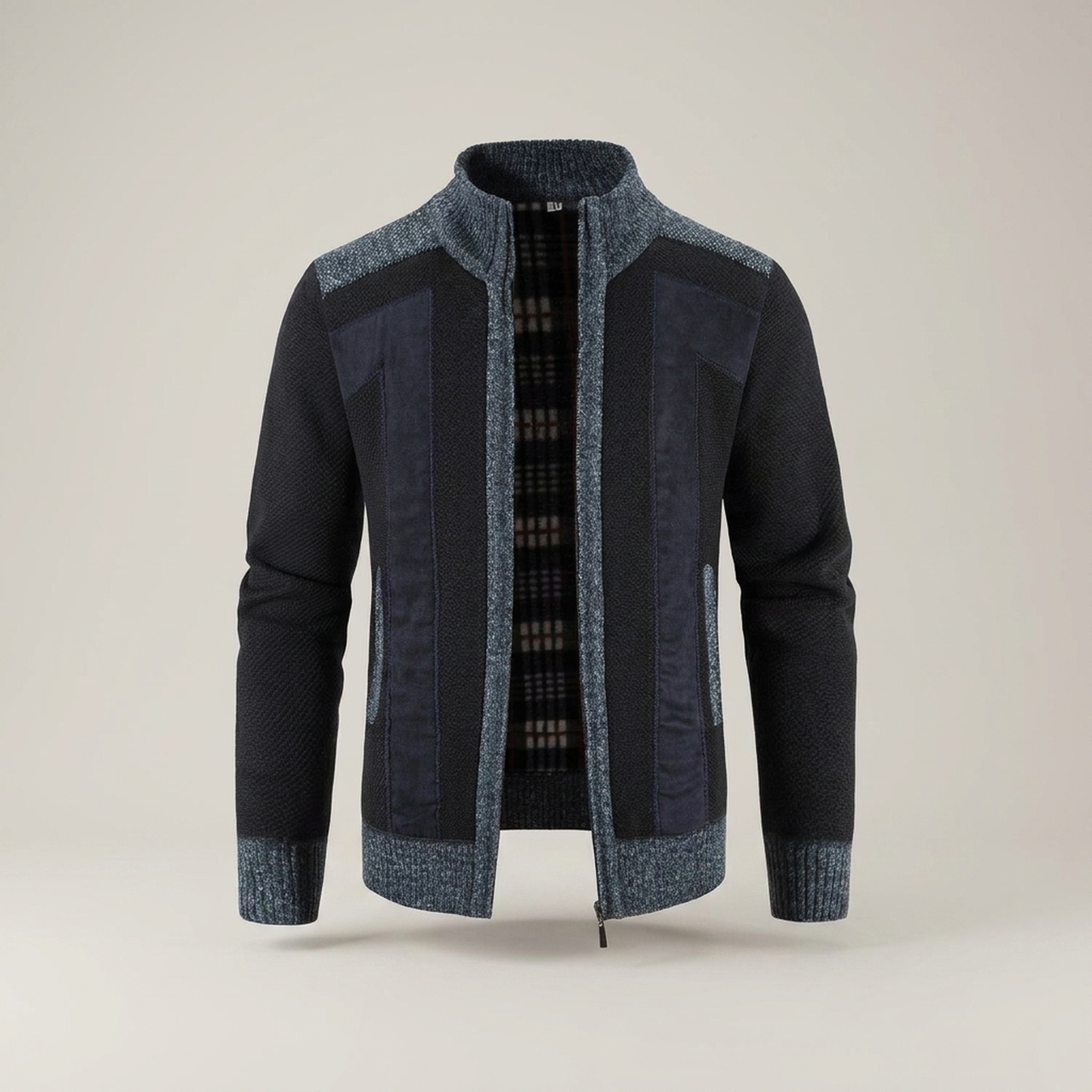PLUXSTYLE::numise::andre-zip-front-cardigan::pack-navy-blue