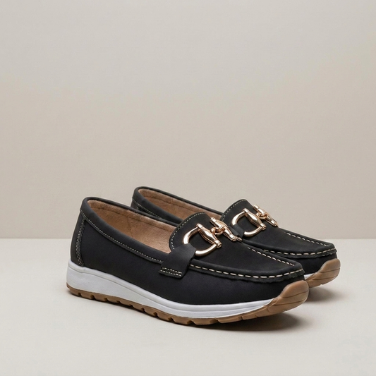 PLUXSTYLE::numise::ava-gold-buckle-comfort-loafers::closeup-detail