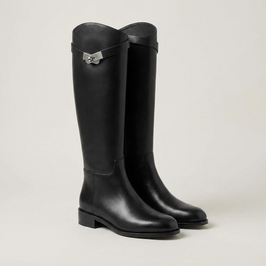 PLUXSTYLE::numise::aveline-metal-accent-riding-boots::closeup-detail