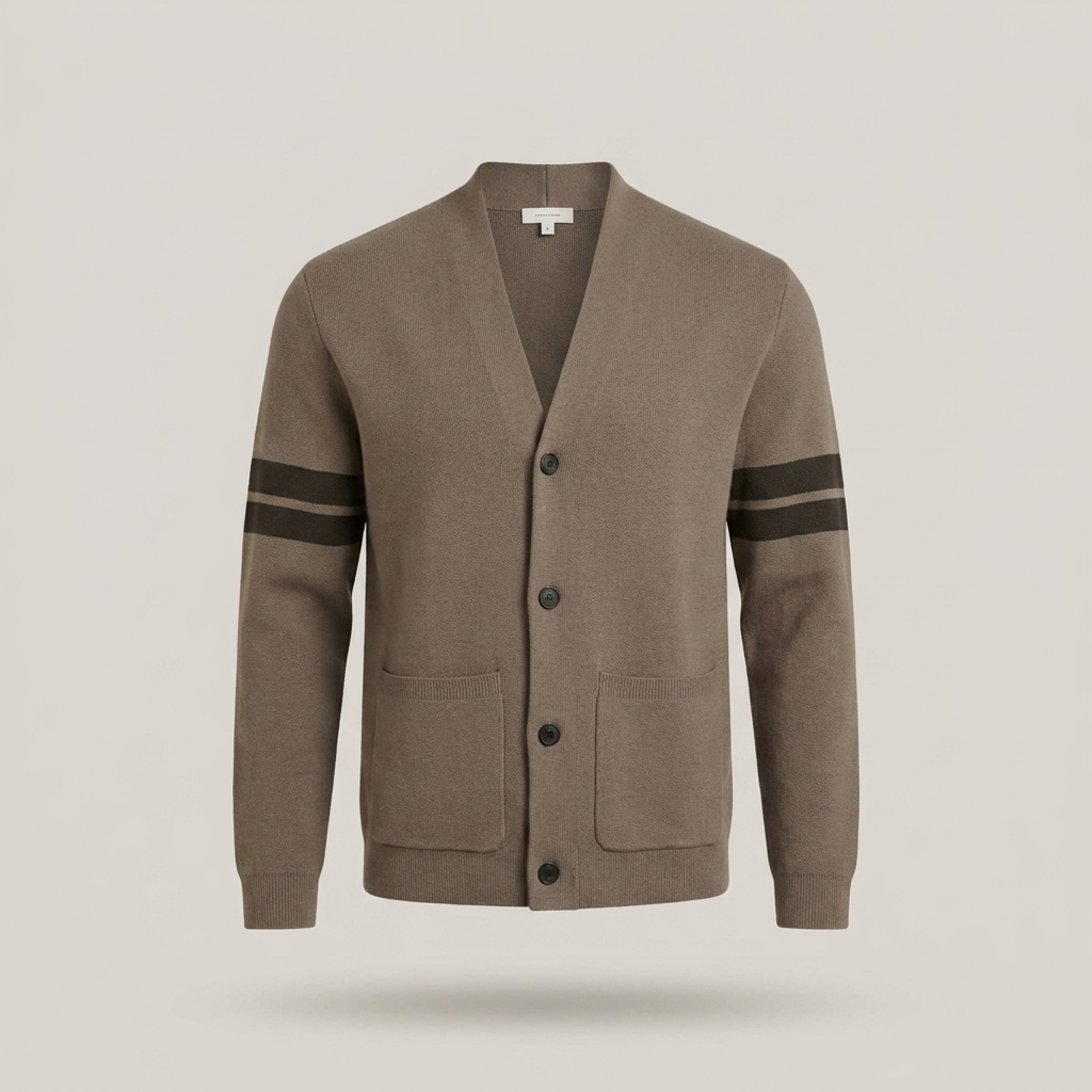 PLUXSTYLE::numise::mens-stripe-sleeve-cardigan::pack-brown