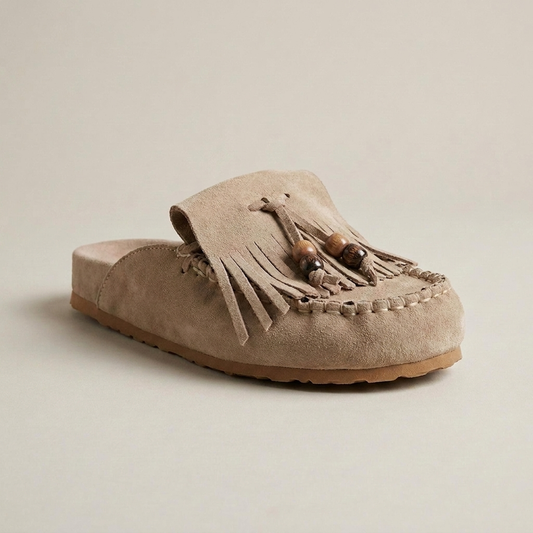 PLUXSTYLE::numise::joan-open-back-taupe-mules::closeup-detail