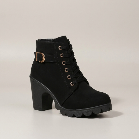 PLUXSTYLE::numise::buckle-chunky-heel-ankle-boots::closeup-hero