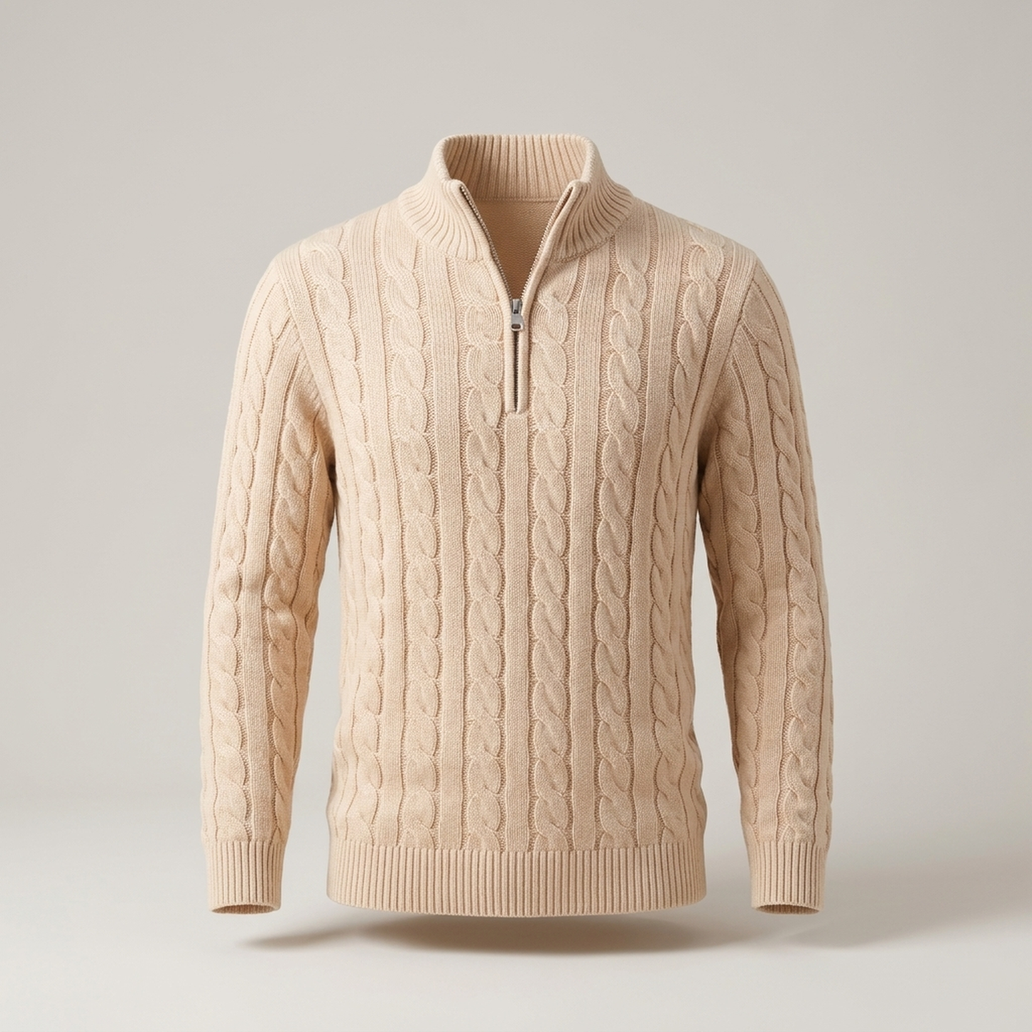 PLUXSTYLE::numise::mens-cable-zip-neck-sweater::pack-beige