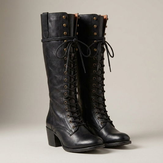 PLUXSTYLE::numise::womens-lace-up-knee-high-boots::closeup-detail