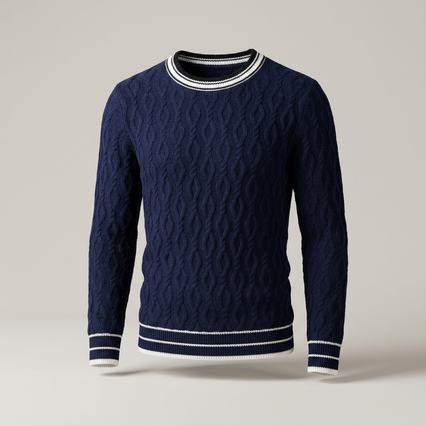 PLUXSTYLE::numise::mens-contrast-trim-cable-jumper::pack-navy-blue
