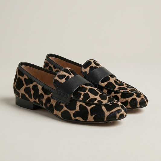 PLUXSTYLE::numise::cushioned-animal-print-loafers::closeup-detail