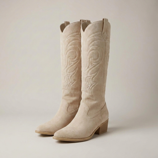 PLUXSTYLE::numise::embroidered-knee-high-western-boots::closeup-detail