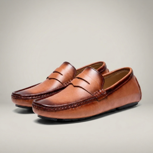 PLUXSTYLE::numise::mens-round-toe-penny-loafers::closeup-detail
