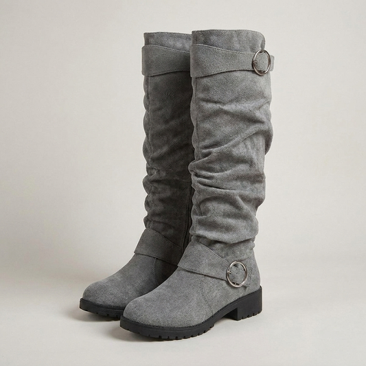 PLUXSTYLE::numise::slouchy-buckle-knee-high-boots::closeup-detail