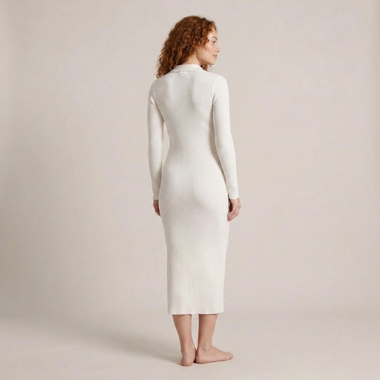 PLUXSTYLE::numise::polo-neck-slim-fit-midi-dress::back