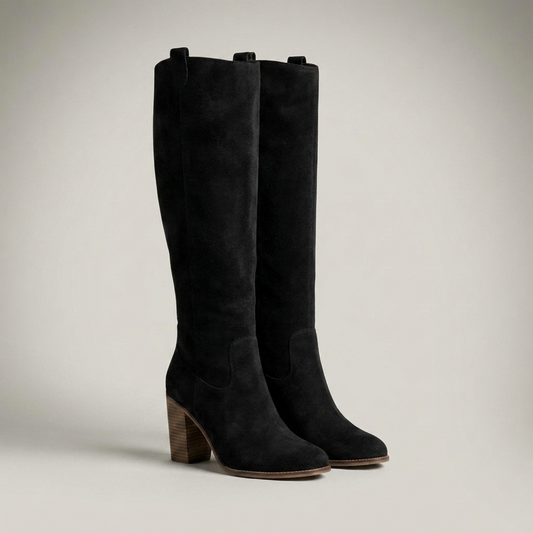 PLUXSTYLE::numise::pull-on-block-heel-knee-high-boots::closeup-detail