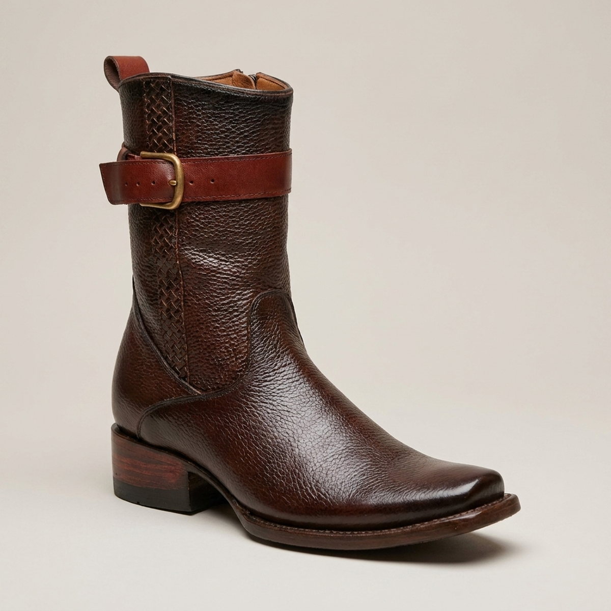 PLUXSTYLE::numise::mens-polished-dark-brown-boots::closeup-hero