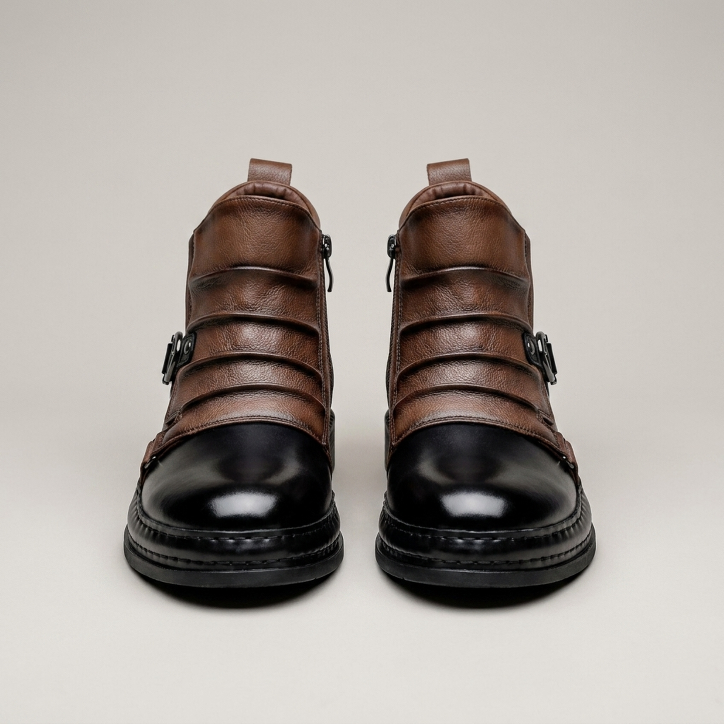 PLUXSTYLE::numise::mens-side-zip-buckle-boots::pack-brown