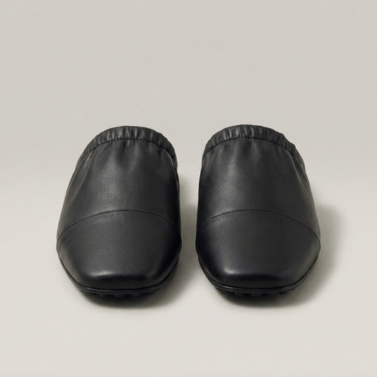 PLUXSTYLE::numise::womens-cap-toe-slip-on-mules::closeup-detail