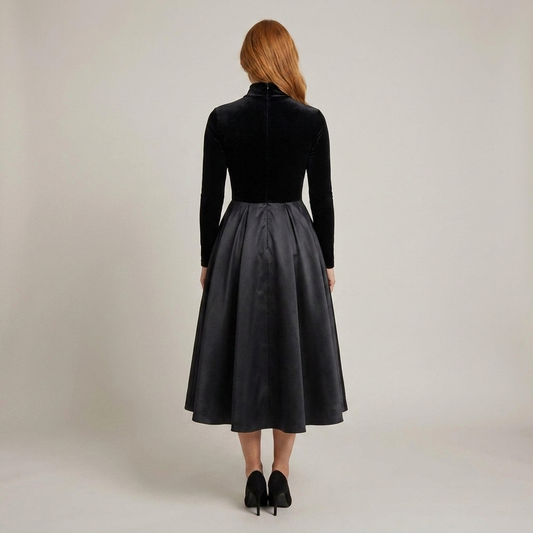 PLUXSTYLE::numise::aradia-black-fit-and-flare-midi-dress::back