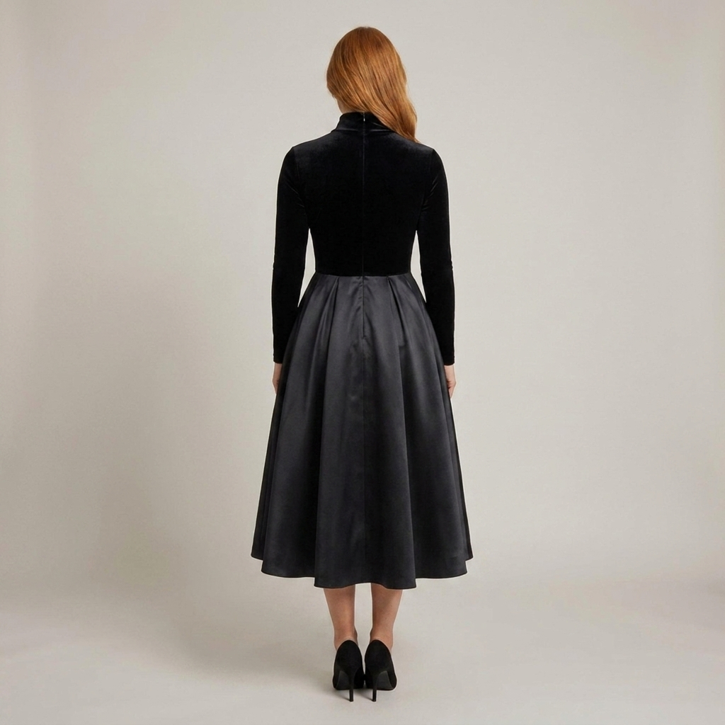 PLUXSTYLE::numise::aradia-black-fit-and-flare-midi-dress::back
