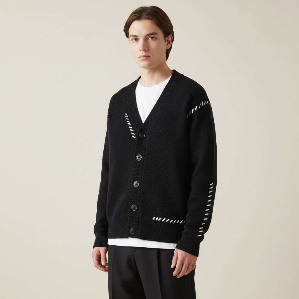 PLUXSTYLE::numise::mens-contrast-stitch-v-neck-cardigan::pack-black