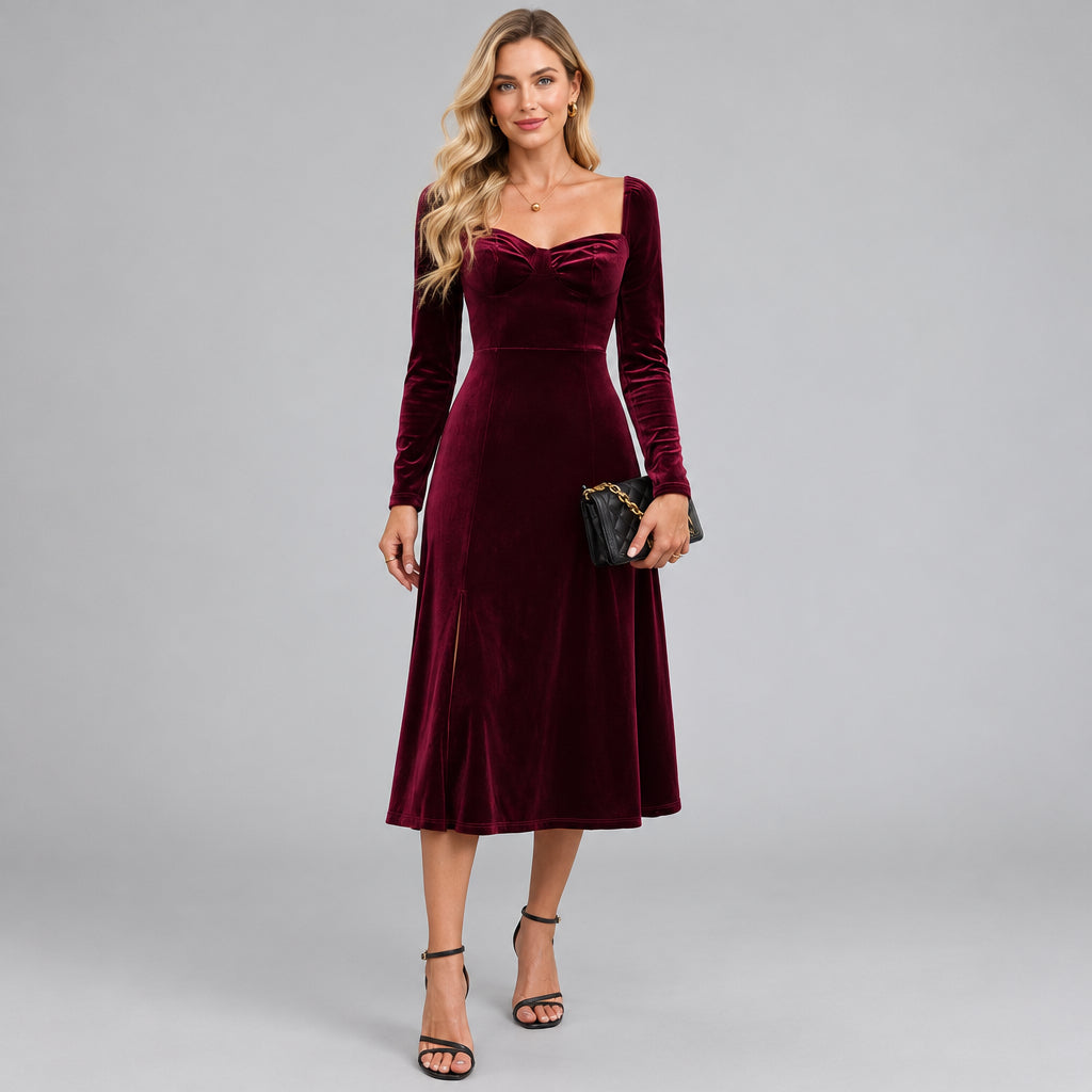 Long-Sleeve A-Line Midi Dress