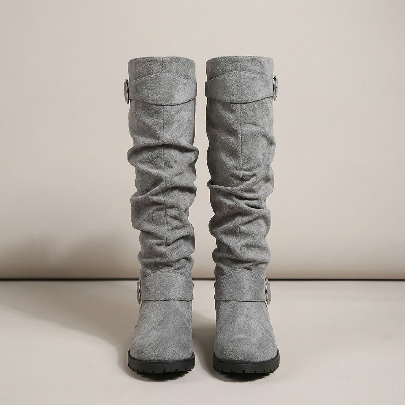 PLUXSTYLE::numise::slouchy-buckle-knee-high-boots::pack-light-grey