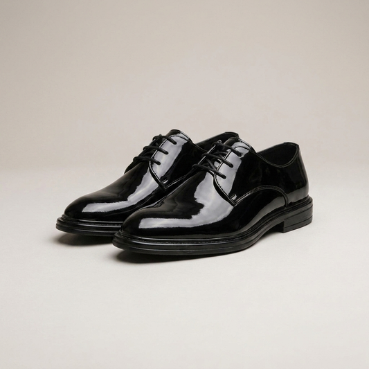 PLUXSTYLE::numise::mens-black-tie-derby-shoes::closeup-detail