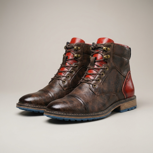 PLUXSTYLE::numise::two-tone-polished-ankle-boots::closeup-detail