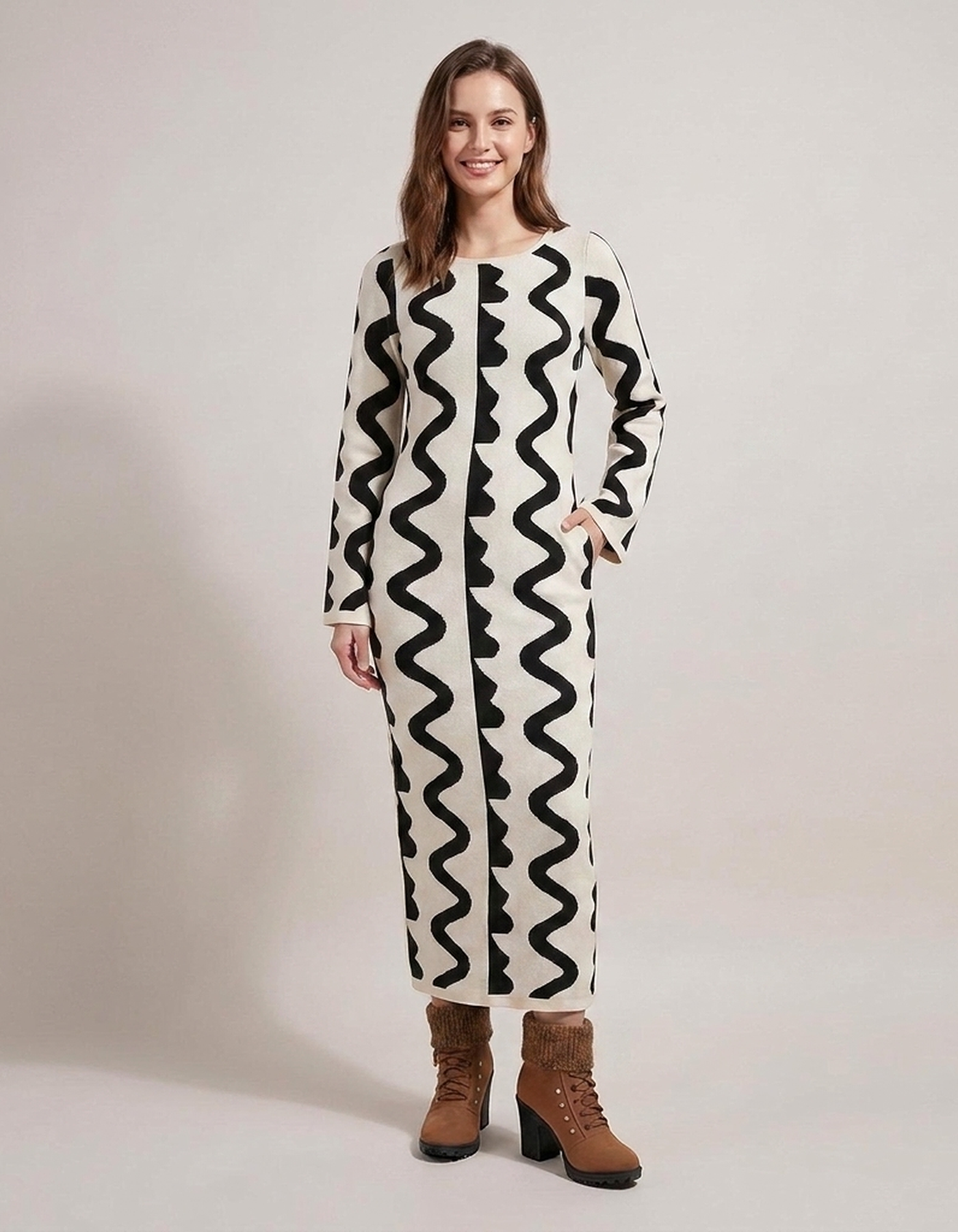 PLUXSTYLE::numise::wave-pattern-midi-dress::front