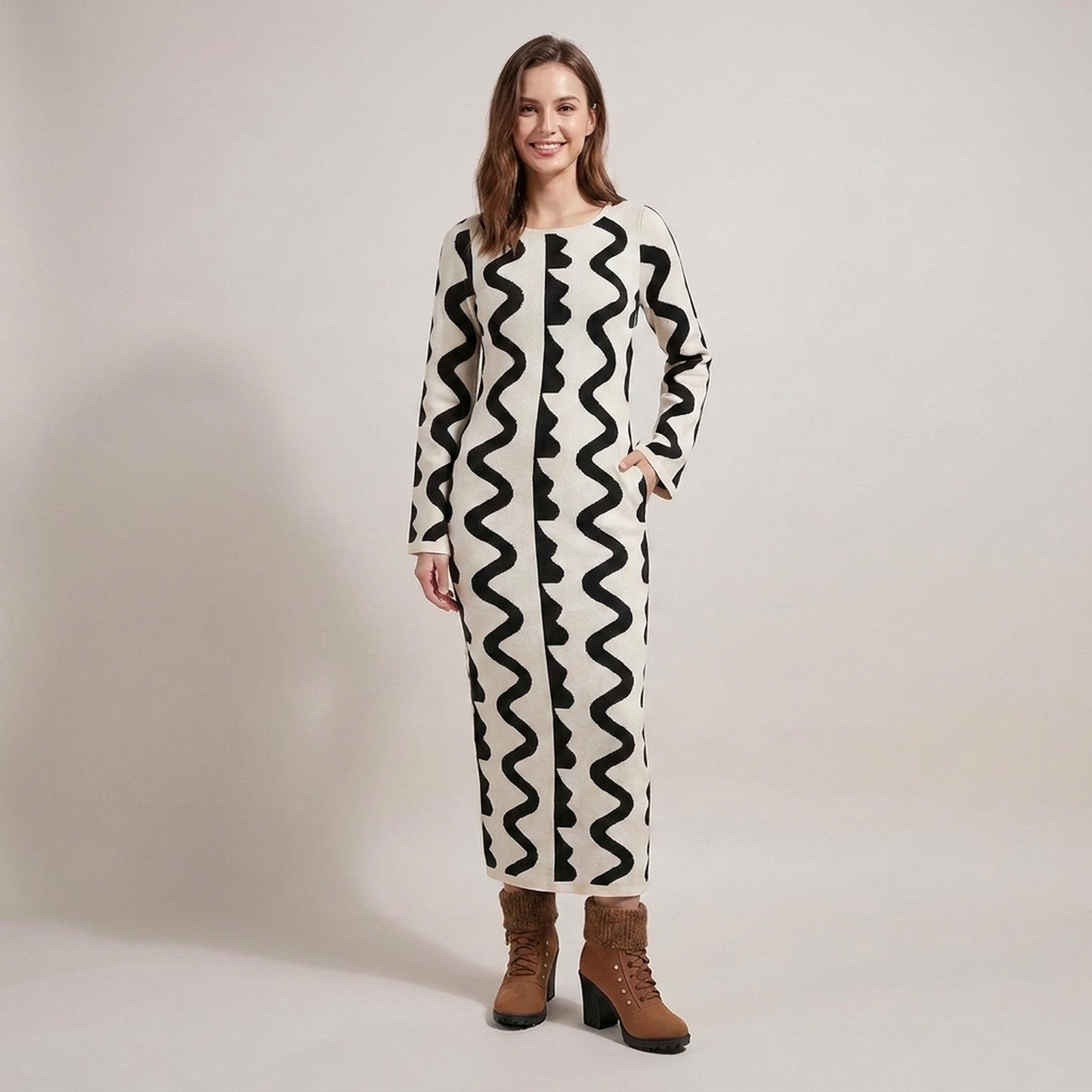 PLUXSTYLE::numise::wave-pattern-midi-dress::front