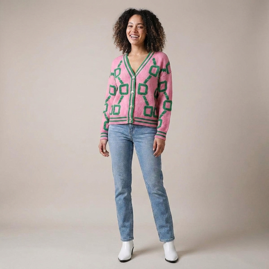 PLUXSTYLE::numise::geometric-v-neck-cardigan::front