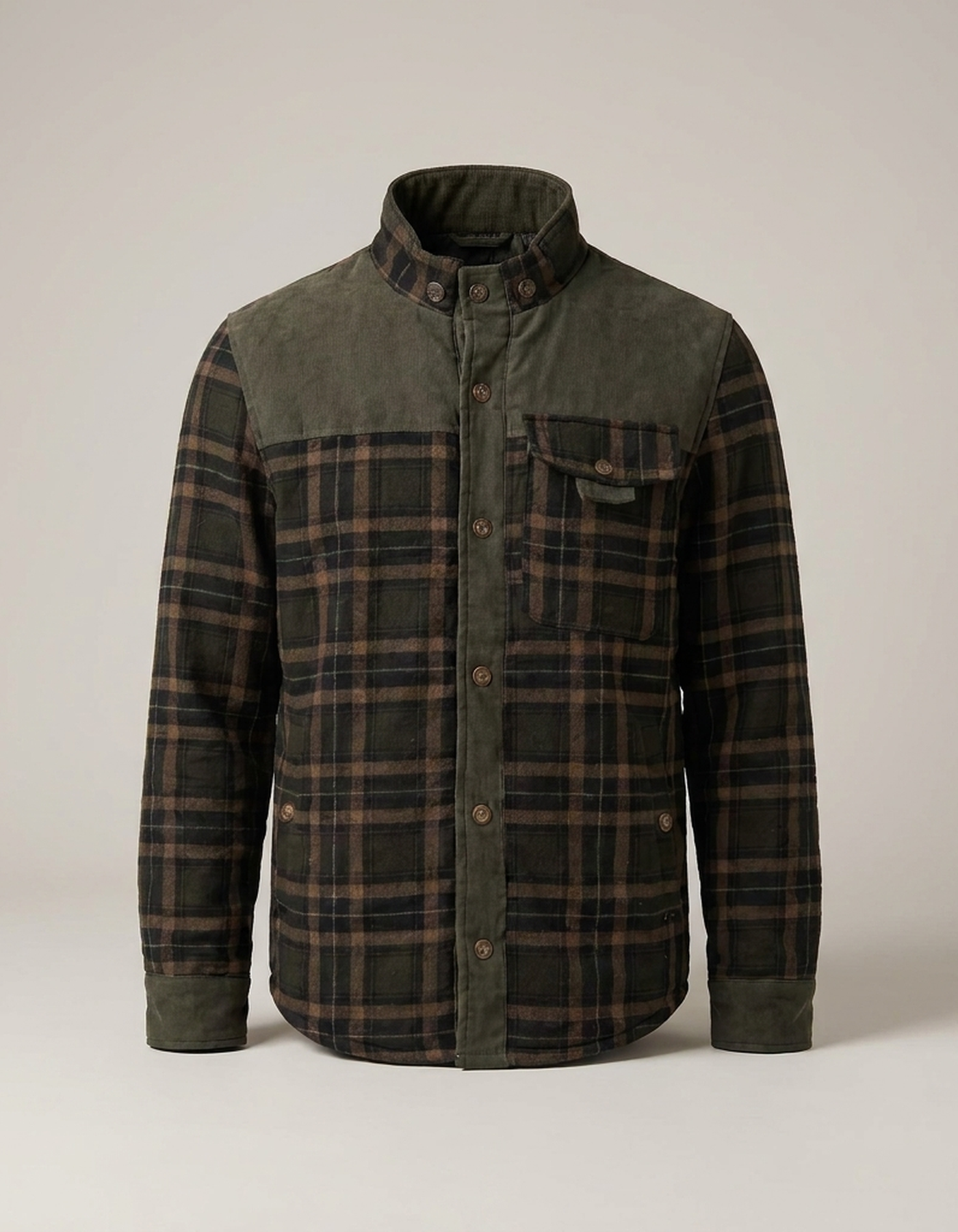 PLUXSTYLE::numise::mens-regular-fit-plaid-shacket::pack-dark-green