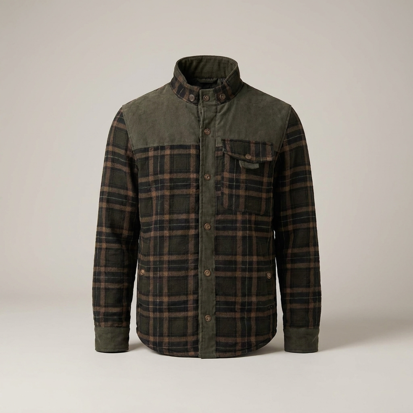 PLUXSTYLE::numise::mens-regular-fit-plaid-shacket::pack-dark-green