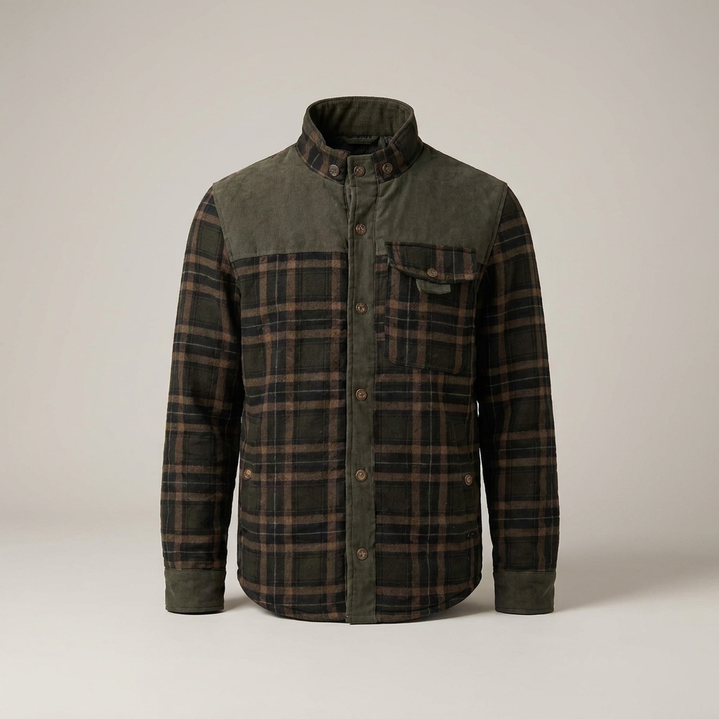 PLUXSTYLE::numise::mens-regular-fit-plaid-shacket::pack-dark-green