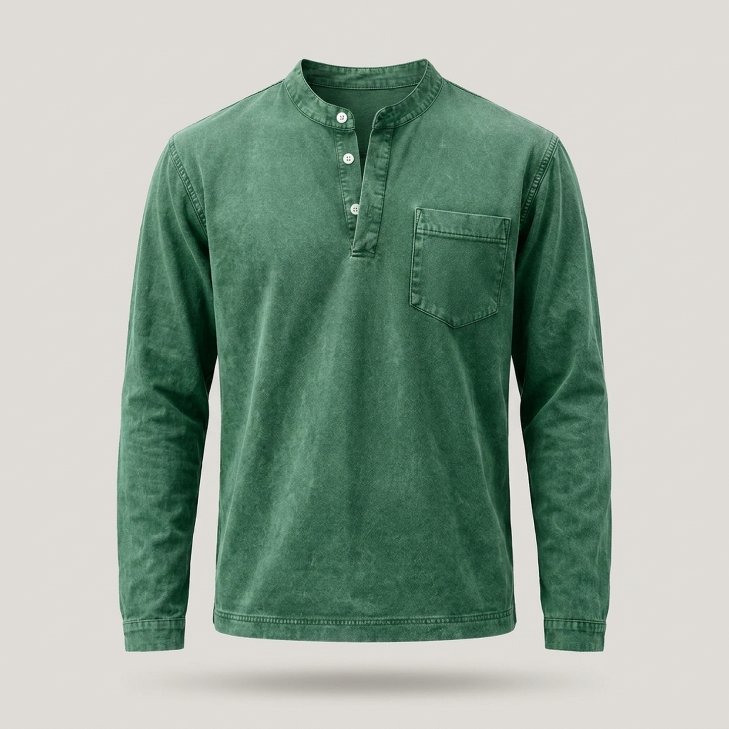 PLUXSTYLE::numise::mens-vintage-wash-henley-top::pack-green