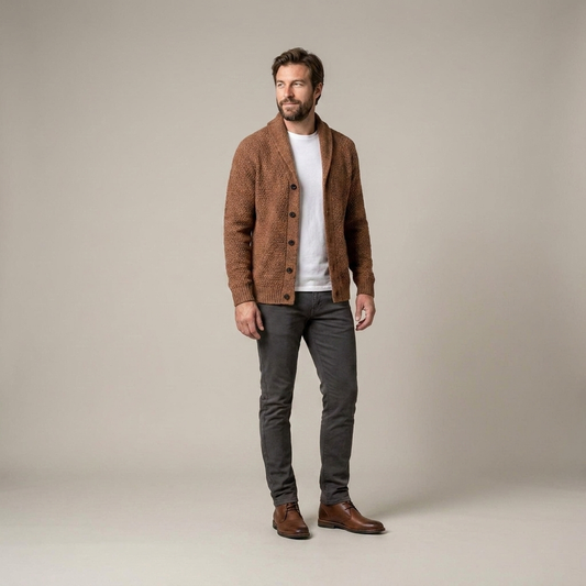 PLUXSTYLE::numise::mens-button-front-cardigan::front