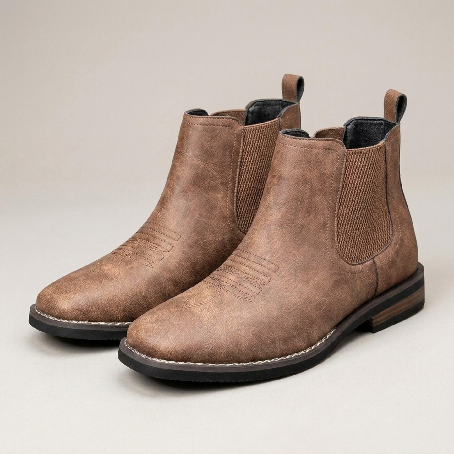 PLUXSTYLE::numise::mens-square-toe-chelsea-boots::closeup-detail