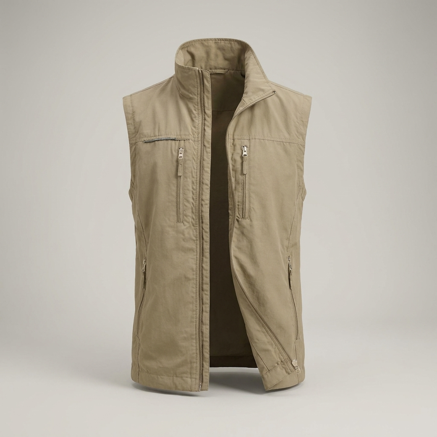 PLUXSTYLE::numise::mens-stand-collar-bodywarmer::pack-khaki