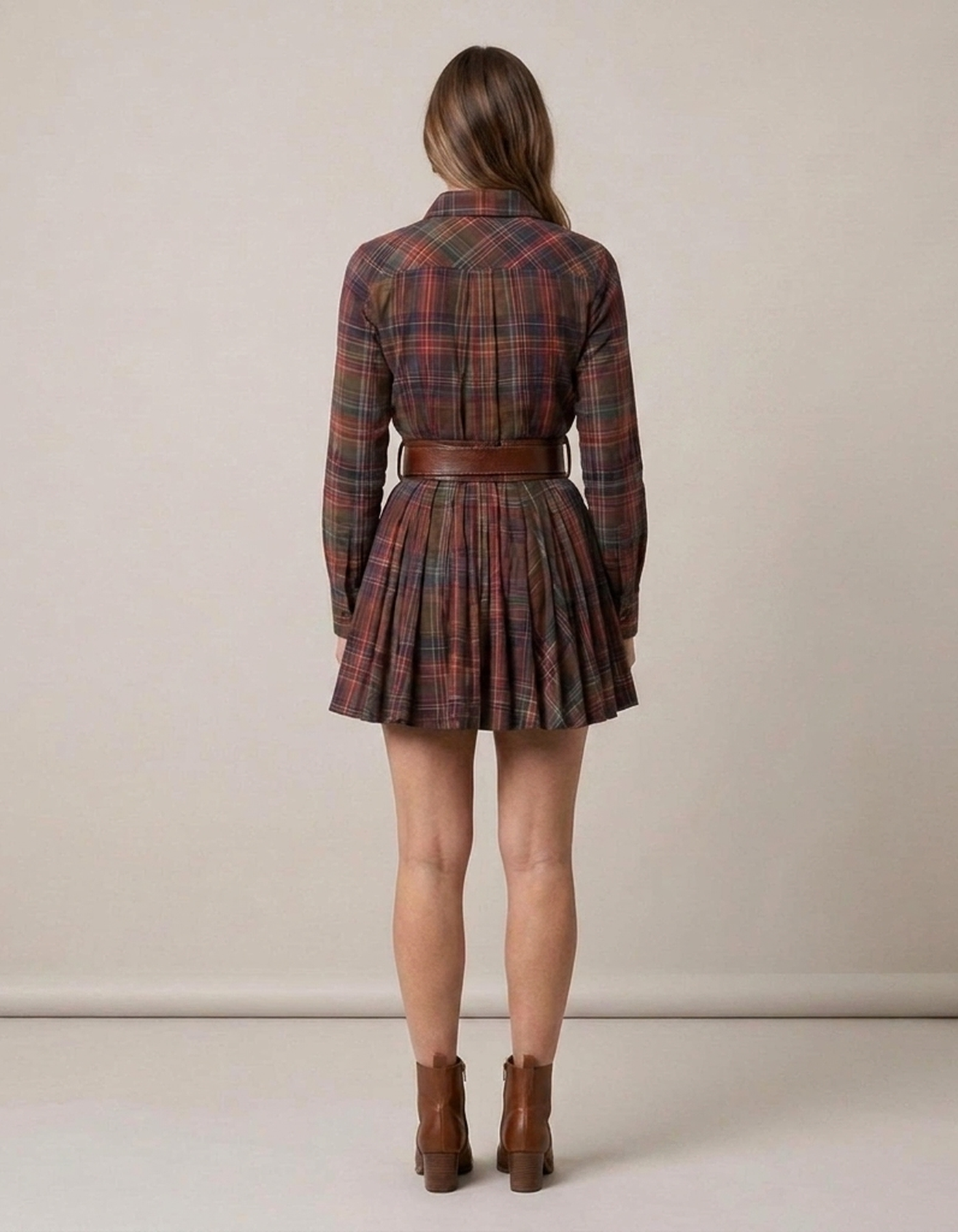 PLUXSTYLE::numise::pleated-plaid-shirt-dress::back