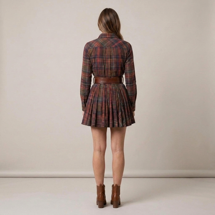 PLUXSTYLE::numise::pleated-plaid-shirt-dress::back