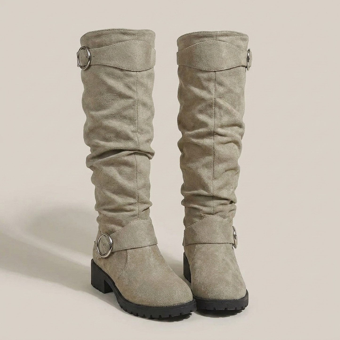 PLUXSTYLE::numise::slouchy-buckle-knee-high-boots::pack-khaki